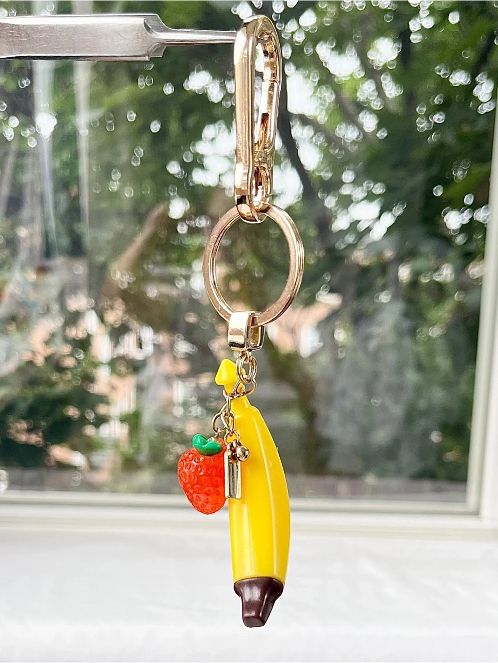 🍌🍓Strawberry-Banana Gold-Tone Metal Bag Charm & Keychain